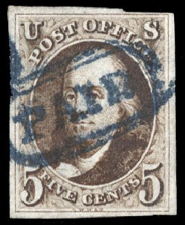 US Stamps Values Scott #1: 1847 5c Franklin. Cherrystone Auctions, Jun 2012, Sale 201206, Lot 9