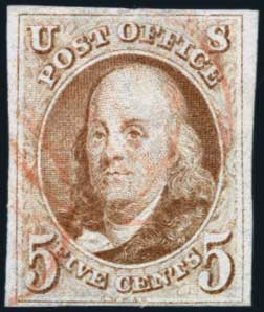 Prices of US Stamp Scott Cat. # 1 - 5c 1847 Franklin. Harmer-Schau Auction Galleries, Aug 2014, Sale 102, Lot 1599