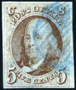 US Stamps Prices Scott Cat. # 1: 1847 5c Franklin. Harmer-Schau Auction Galleries, Apr 2009, Sale 81, Lot 519