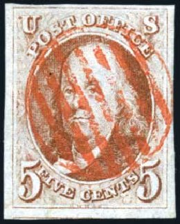 Prices of US Stamp Scott Catalog 1 - 5c 1847 Franklin. Harmer-Schau Auction Galleries, Oct 2009, Sale 83, Lot 259