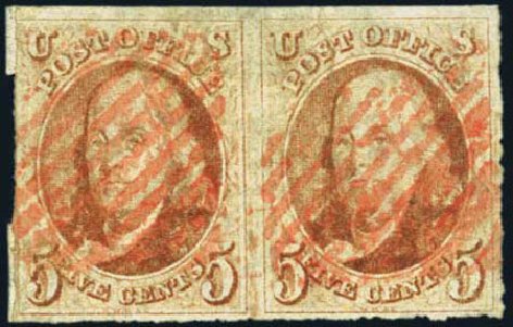 Value of US Stamp Scott Catalogue #1 - 1847 5c Franklin. Harmer-Schau Auction Galleries, May 2012, Sale 93, Lot 239