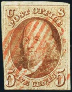 US Stamp Value Scott Cat. # 1 - 5c 1847 Franklin. Harmer-Schau Auction Galleries, Oct 2012, Sale 95, Lot 159