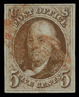 US Stamps Prices Scott Cat. # 1: 5c 1847 Franklin. H.R. Harmer, May 2014, Sale 3005, Lot 1009