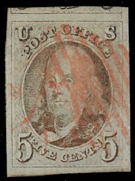 Cost of US Stamps Scott 1 - 5c 1847 Franklin. Daniel Kelleher Auctions, Jan 2012, Sale 628, Lot 199