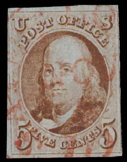 Costs of US Stamps Scott # 1: 1847 5c Franklin. Daniel Kelleher Auctions, Apr 2012, Sale 629, Lot 139