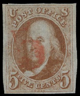 Costs of US Stamps Scott # 1: 1847 5c Franklin. Daniel Kelleher Auctions, Jun 2012, Sale 630, Lot 1199
