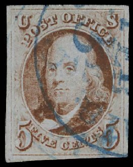 US Stamp Prices Scott Catalog # 1: 5c 1847 Franklin. Daniel Kelleher Auctions, Aug 2012, Sale 631, Lot 649