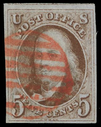 Value of US Stamp Scott Catalog # 1: 5c 1847 Franklin. Daniel Kelleher Auctions, Feb 2013, Sale 634, Lot 509