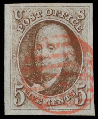 Prices of US Stamps Scott Cat. 1: 5c 1847 Franklin. Daniel Kelleher Auctions, Feb 2013, Sale 634, Lot 519