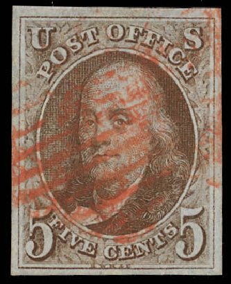 US Stamps Price Scott Cat. # 1 - 1847 5c Franklin. Daniel Kelleher Auctions, Feb 2013, Sale 634, Lot 539