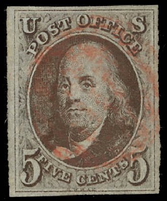 US Stamp Values Scott Cat. 1 - 5c 1847 Franklin. Daniel Kelleher Auctions, Feb 2013, Sale 634, Lot 549