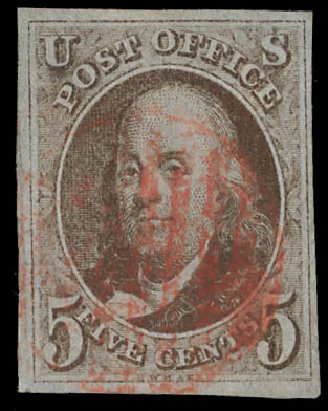 Price of US Stamps Scott #1: 5c 1847 Franklin. Daniel Kelleher Auctions, Feb 2013, Sale 634, Lot 559