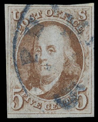 Values of US Stamp Scott Catalog #1 - 1847 5c Franklin. Daniel Kelleher Auctions, Feb 2013, Sale 634, Lot 609