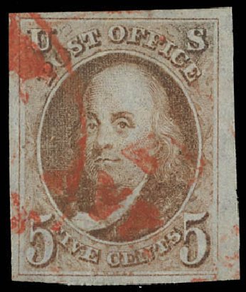 Costs of US Stamp Scott Catalogue # 1 - 1847 5c Franklin. Daniel Kelleher Auctions, Feb 2013, Sale 634, Lot 619