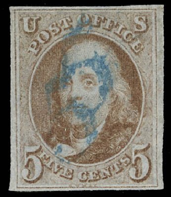 US Stamps Value Scott 1: 5c 1847 Franklin. Daniel Kelleher Auctions, Feb 2013, Sale 634, Lot 719