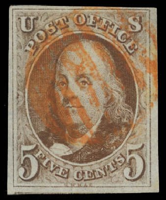 US Stamp Values Scott Catalog 1 - 5c 1847 Franklin. Daniel Kelleher Auctions, Feb 2013, Sale 634, Lot 729