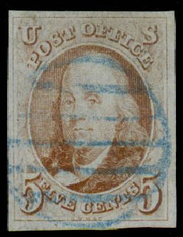 Values of US Stamps Scott #1 - 1847 5c Franklin. Daniel Kelleher Auctions, Sep 2013, Sale 639, Lot 3049