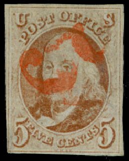 US Stamps Values Scott Cat. # 1: 1847 5c Franklin. Daniel Kelleher Auctions, Sep 2013, Sale 639, Lot 3059