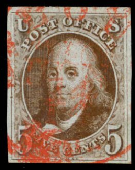 US Stamp Values Scott Catalogue 1: 5c 1847 Franklin. Daniel Kelleher Auctions, Sep 2013, Sale 639, Lot 3069