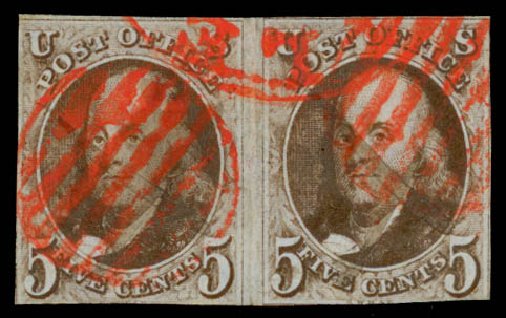 US Stamp Prices Scott Catalog 1: 1847 5c Franklin. Daniel Kelleher Auctions, May 2014, Sale 652, Lot 39