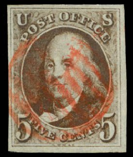 Price of US Stamps Scott Catalog 1: 5c 1847 Franklin. Daniel Kelleher Auctions, Sep 2014, Sale 655, Lot 129
