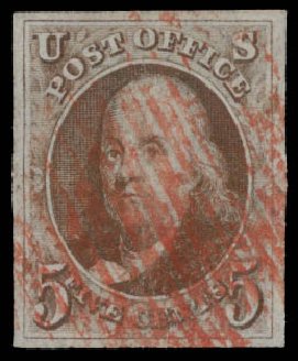US Stamps Value Scott Catalogue #1 - 1847 5c Franklin. Daniel Kelleher Auctions, May 2015, Sale 669, Lot 2339