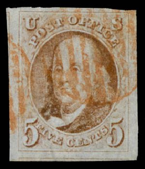 Value of US Stamps Scott Catalogue # 1: 1847 5c Franklin. Daniel Kelleher Auctions, Aug 2015, Sale 672, Lot 2079