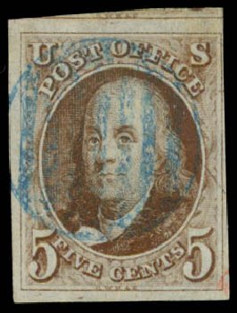 US Stamp Values Scott Catalog 1: 5c 1847 Franklin. Daniel Kelleher Auctions, Aug 2015, Sale 672, Lot 2089