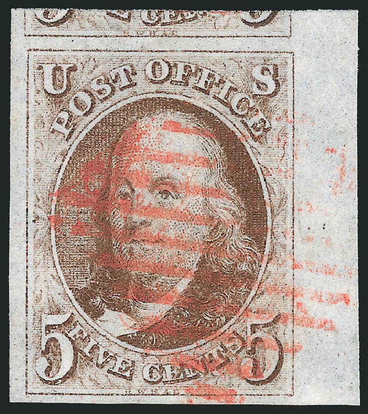 Values of US Stamp Scott Catalog #1: 1847 5c Franklin. Robert Siegel Auction Galleries, Dec 2011, Sale 1017, Lot 29
