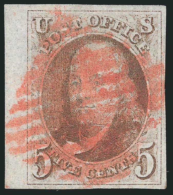 US Stamps Value Scott Catalogue # 1: 5c 1847 Franklin. Robert Siegel Auction Galleries, Apr 2012, Sale 1023, Lot 2059