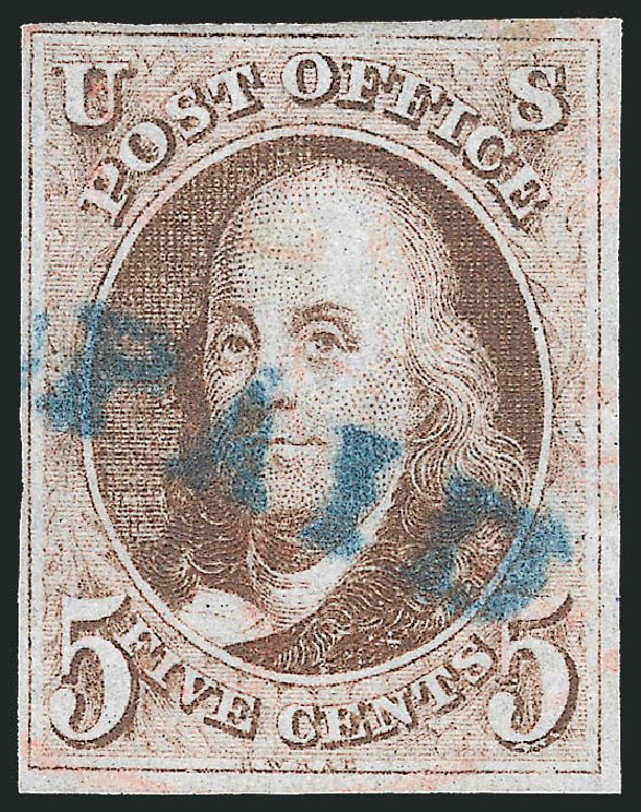 US Stamp Value Scott Catalog # 1: 1847 5c Franklin. Robert Siegel Auction Galleries, Apr 2012, Sale 1023, Lot 2169
