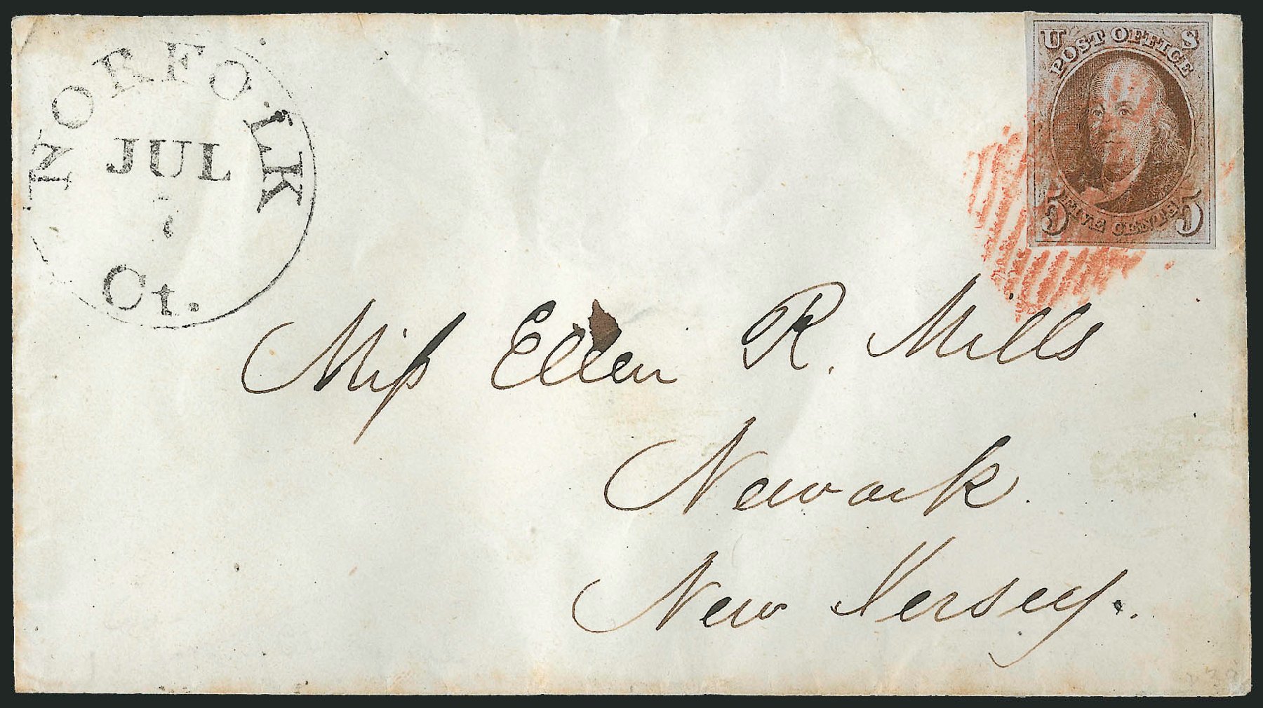 Value of US Stamps Scott Cat. #1 - 1847 5c Franklin. Robert Siegel Auction Galleries, Apr 2012, Sale 1023, Lot 2349