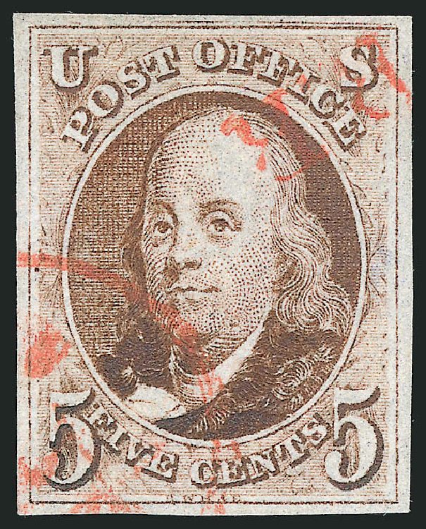 US Stamps Value Scott Catalog # 1 - 1847 5c Franklin. Robert Siegel Auction Galleries, Sep 2014, Sale 1078, Lot 39