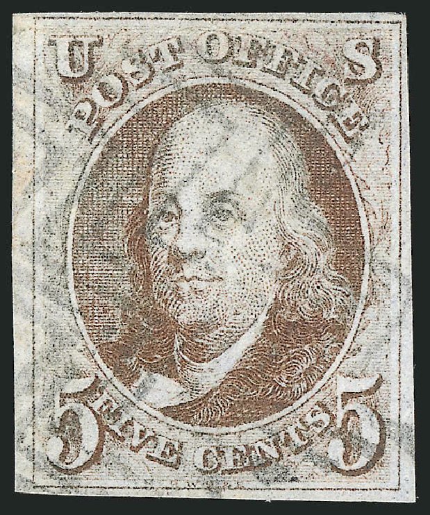Prices of US Stamp Scott # 1: 1847 5c Franklin. Robert Siegel Auction Galleries, Jul 2015, Sale 1107, Lot 19