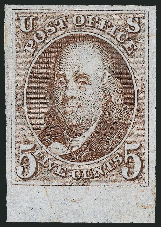 US Stamps Values Scott Catalog #1 - 1847 5c Franklin. Robert Siegel Auction Galleries, Sep 2008, Sale 962, Lot 2179
