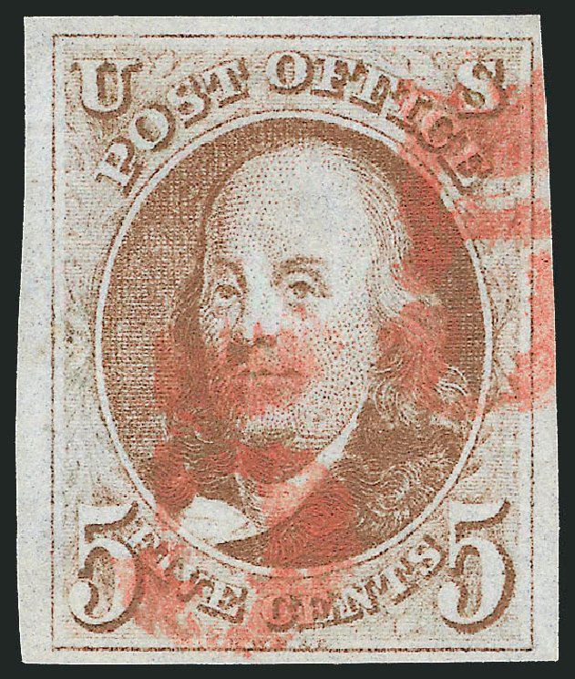 Costs of US Stamps Scott Catalogue # 1: 1847 5c Franklin. Robert Siegel Auction Galleries, Oct 2008, Sale 963, Lot 19