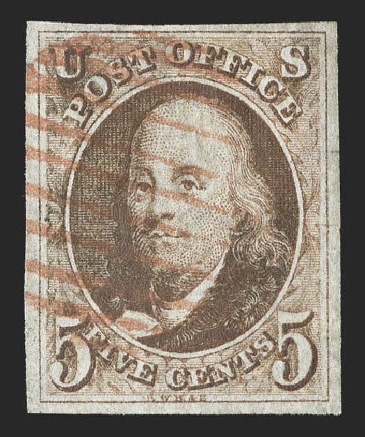 Cost of US Stamp Scott # 1 - 1847 5c Franklin. Spink Shreves Galleries, Nov 2012, Sale 141, Lot 9