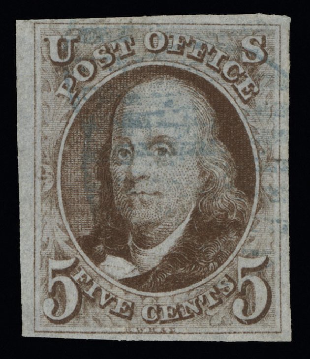 US Stamp Values Scott Catalogue # 1 - 5c 1847 Franklin. Spink Shreves Galleries, Aug 2013, Sale 144, Lot 109