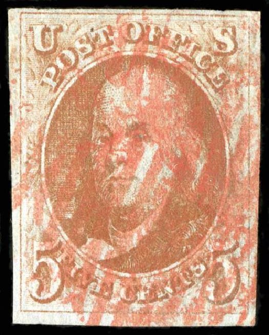 Costs of US Stamps Scott Catalog 1 - 1847 5c Franklin. Spink Shreves Galleries, Jul 2015, Sale 151, Lot 9