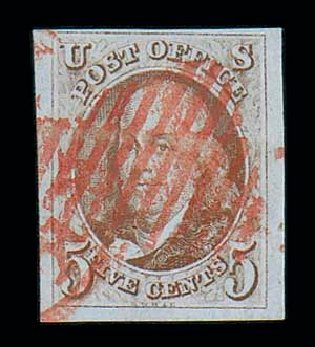 Costs of US Stamps Scott Catalogue 1: 1847 5c Franklin. Matthew Bennett International, Jun 2007, Sale 319, Lot 1020