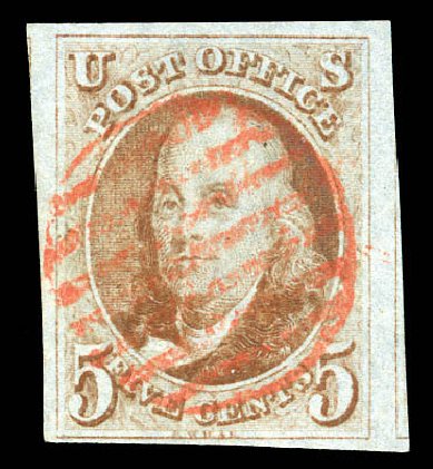 US Stamps Prices Scott Catalog 1 - 1847 5c Franklin. Matthew Bennett International, Dec 2008, Sale 330, Lot 1300