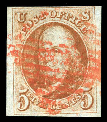 Cost of US Stamp Scott # 1: 5c 1847 Franklin. Matthew Bennett International, Dec 2008, Sale 330, Lot 1320