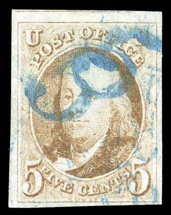 Costs of US Stamps Scott 1: 5c 1847 Franklin. Matthew Bennett International, Sep 2010, Sale 333, Lot 3240