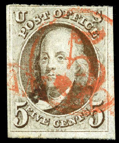 Costs of US Stamps Scott Catalog # 1: 5c 1847 Franklin. Matthew Bennett International, Mar 2012, Sale 344, Lot 4170