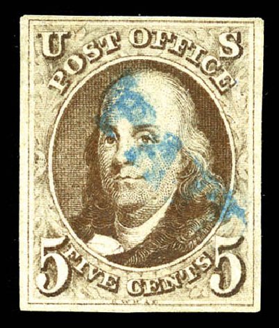 Values of US Stamps Scott # 1: 1847 5c Franklin. Matthew Bennett International, Mar 2012, Sale 344, Lot 4180