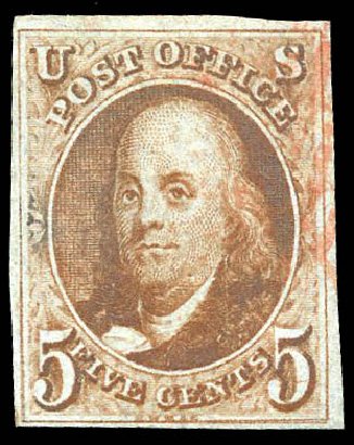 US Stamps Value Scott Cat. #1: 1847 5c Franklin. Matthew Bennett International, Feb 2015, Sale 351, Lot 10