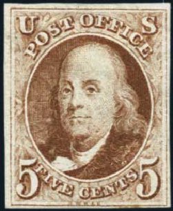 US Stamp Prices Scott Catalog 1 - 1847 5c Franklin. Harmer-Schau Auction Galleries, Jan 2014, Sale 100, Lot 390
