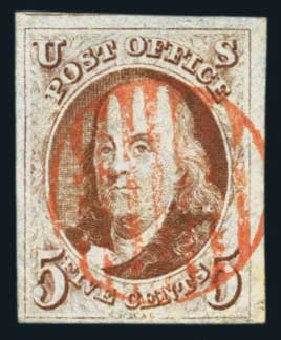 Price of US Stamp Scott Catalog 1: 1847 5c Franklin. Harmer-Schau Auction Galleries, Aug 2014, Sale 102, Lot 1600