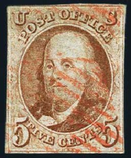 Prices of US Stamps Scott Catalogue #1: 5c 1847 Franklin. Harmer-Schau Auction Galleries, May 2015, Sale 105, Lot 100