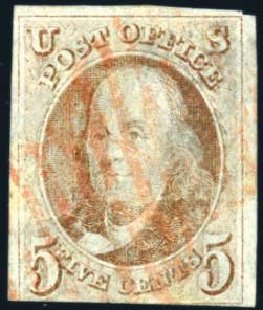 US Stamps Prices Scott Cat. # 1: 5c 1847 Franklin. Harmer-Schau Auction Galleries, Apr 2009, Sale 81, Lot 520